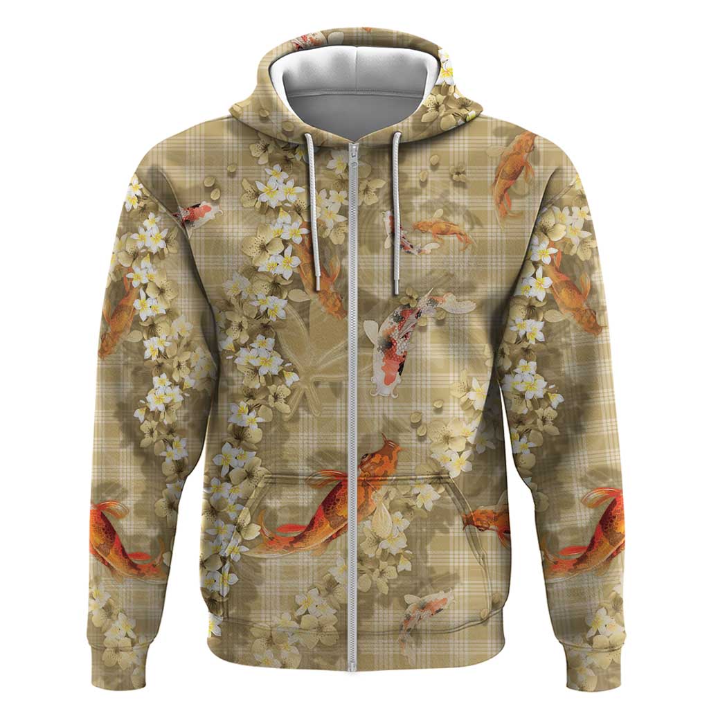 Beige Palaka Hawaiian And Japanese Zip Hoodie Sakura Lei With Koi Fish DT05 Zip Hoodie Beige - Polynesian Pride