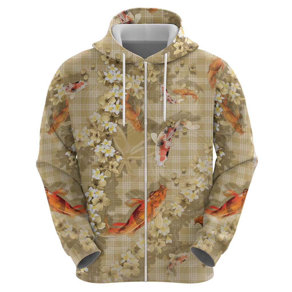 Beige Palaka Hawaiian And Japanese Zip Hoodie Sakura Lei With Koi Fish - Polynesian Pride