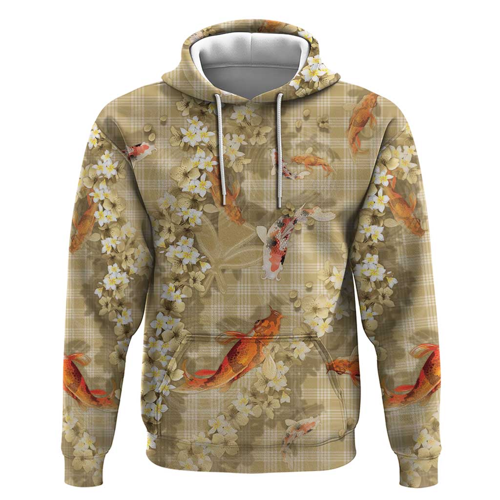 Beige Palaka Hawaiian And Japanese Zip Hoodie Sakura Lei With Koi Fish - Polynesian Pride