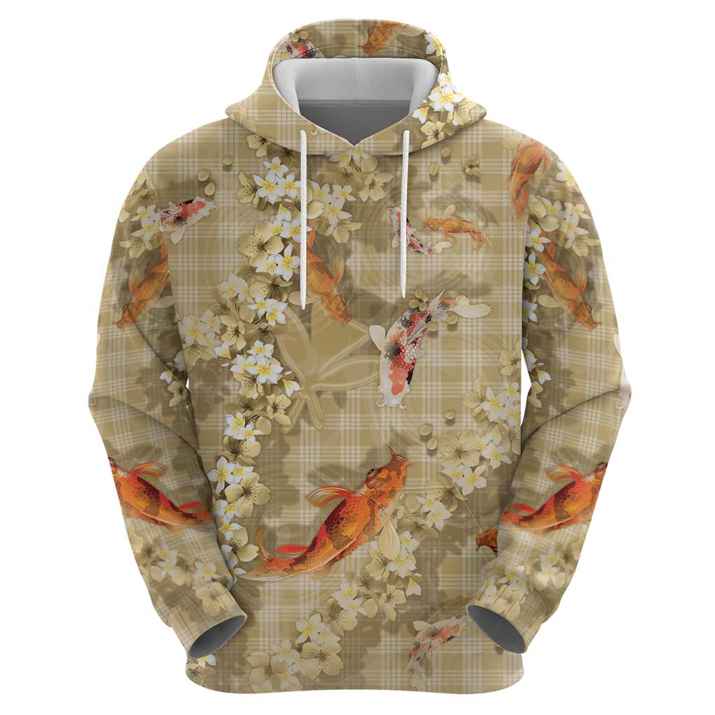 Beige Palaka Hawaiian And Japanese Zip Hoodie Sakura Lei With Koi Fish - Polynesian Pride