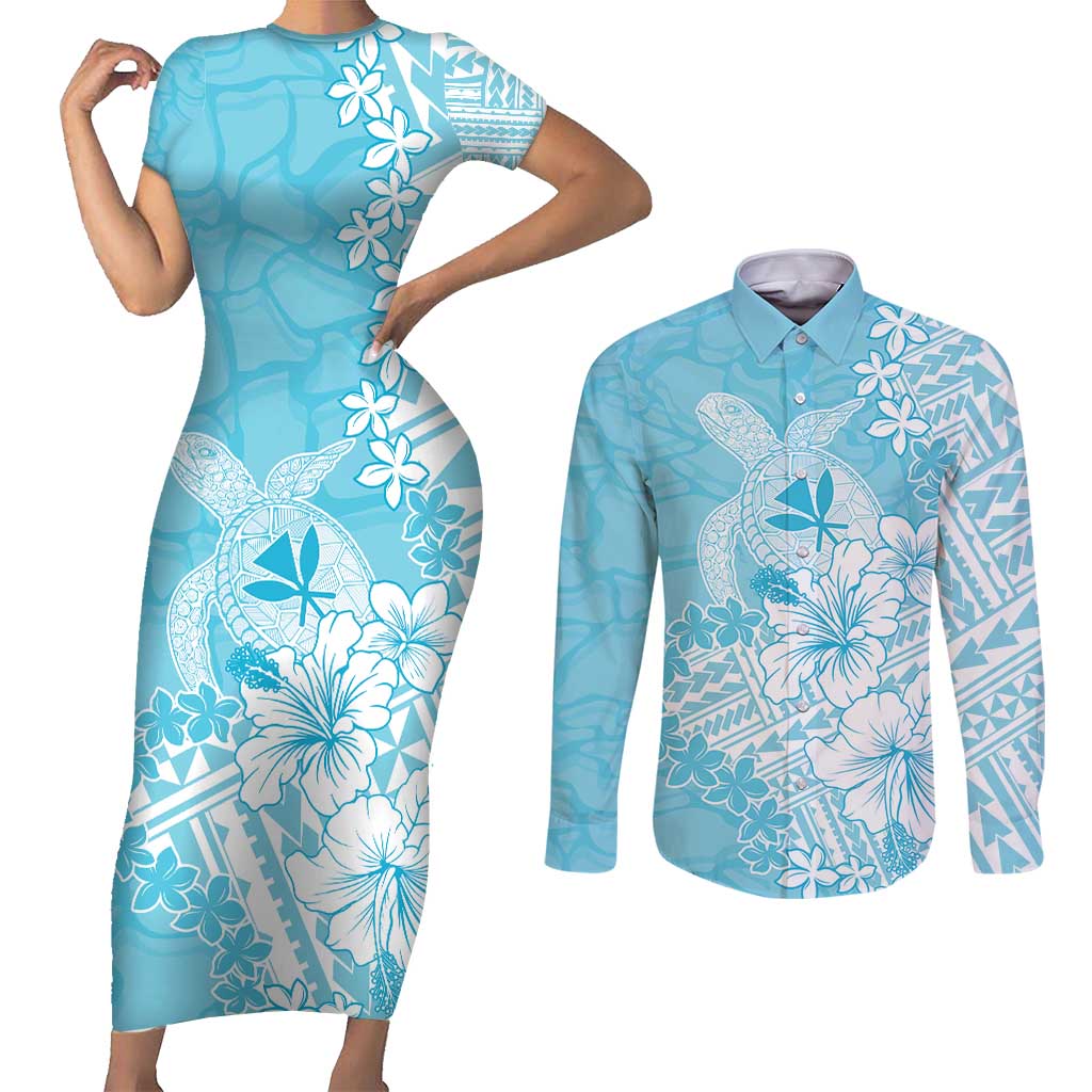 Hawaii Kanaka Maoli Couples Matching Short Sleeve Bodycon Dress and Long Sleeve Button Shirt Polynesian Turtle Tattoo