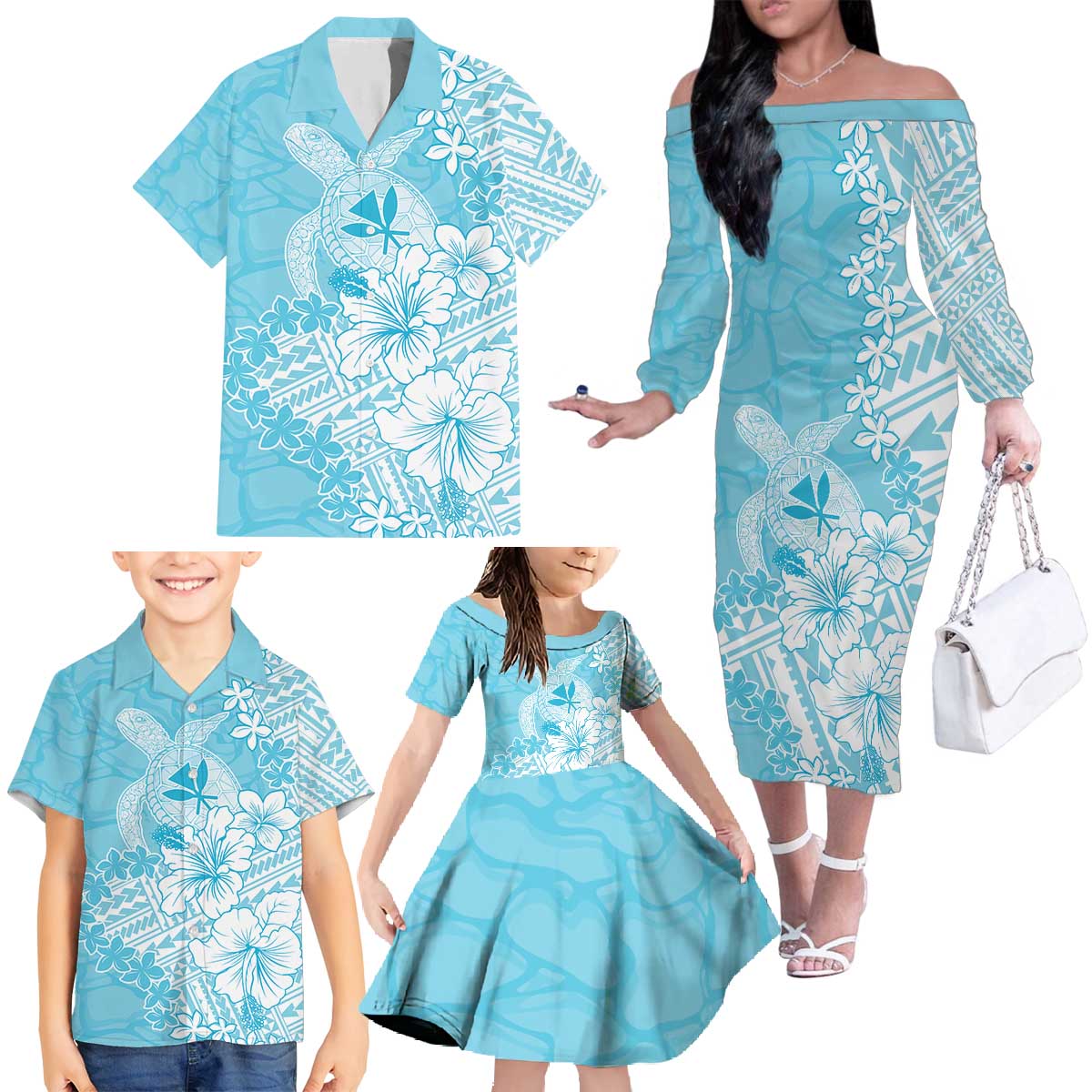 Hawaii Kanaka Maoli Family Matching Off The Shoulder Long Sleeve Dress and Hawaiian Shirt Polynesian Turtle Tattoo