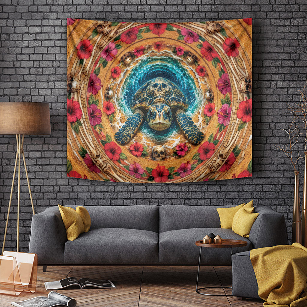 3D Illusion Honu Halloween Tapestry Hawaiian Sea Turtle Skull Shell Vortex DT05 Blue - Polynesian Pride
