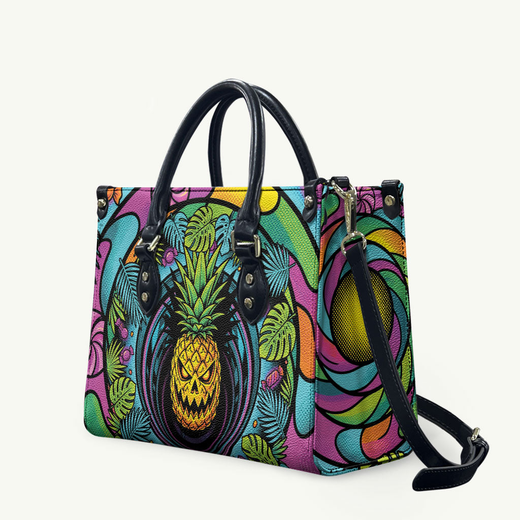 3D Illusion Pineapple Jack O Lantern Halloween Leather Bag Tropical Spooky Fruit Monstera Swirl DT05 Colorful - Polynesian Pride