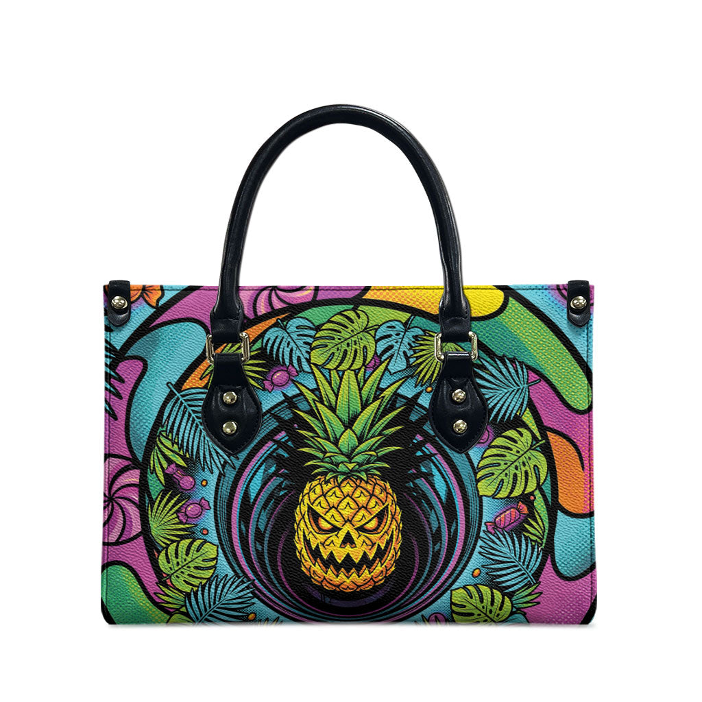 3D Illusion Pineapple Jack O Lantern Halloween Leather Bag Tropical Spooky Fruit Monstera Swirl DT05 - Polynesian Pride