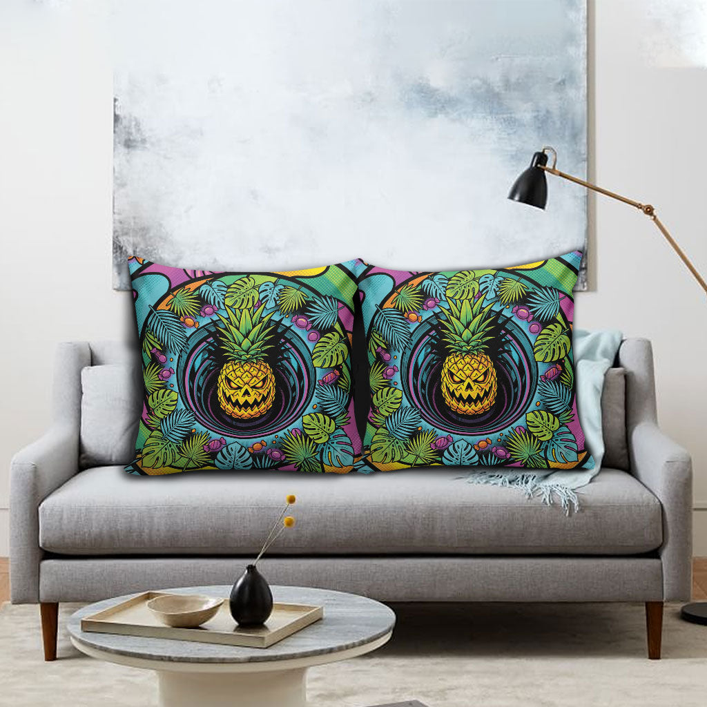 3D Illusion Pineapple Jack O Lantern Halloween Pillow Cover Tropical Spooky Fruit Monstera Swirl DT05 - Polynesian Pride