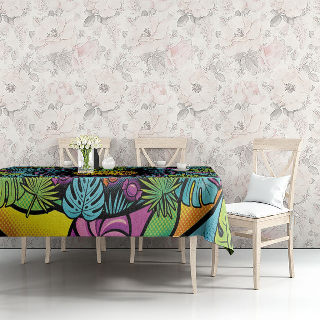3D Illusion Pineapple Jack O Lantern Halloween Tablecloth Tropical Spooky Fruit Monstera Swirl