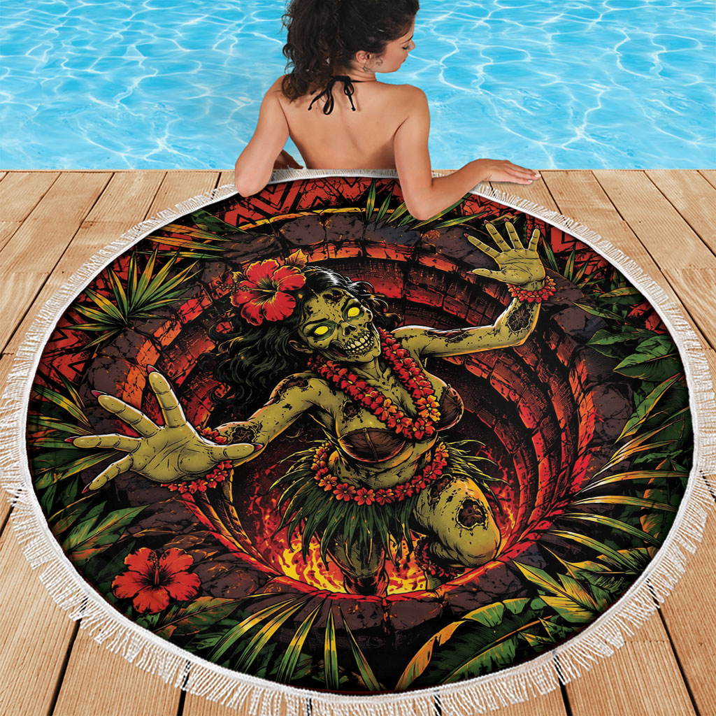 3D Illusion Hula Zombie Halloween Beach Blanket Hawaiian Undead Dancer Volcano Stone Well DT05 - Polynesian Pride