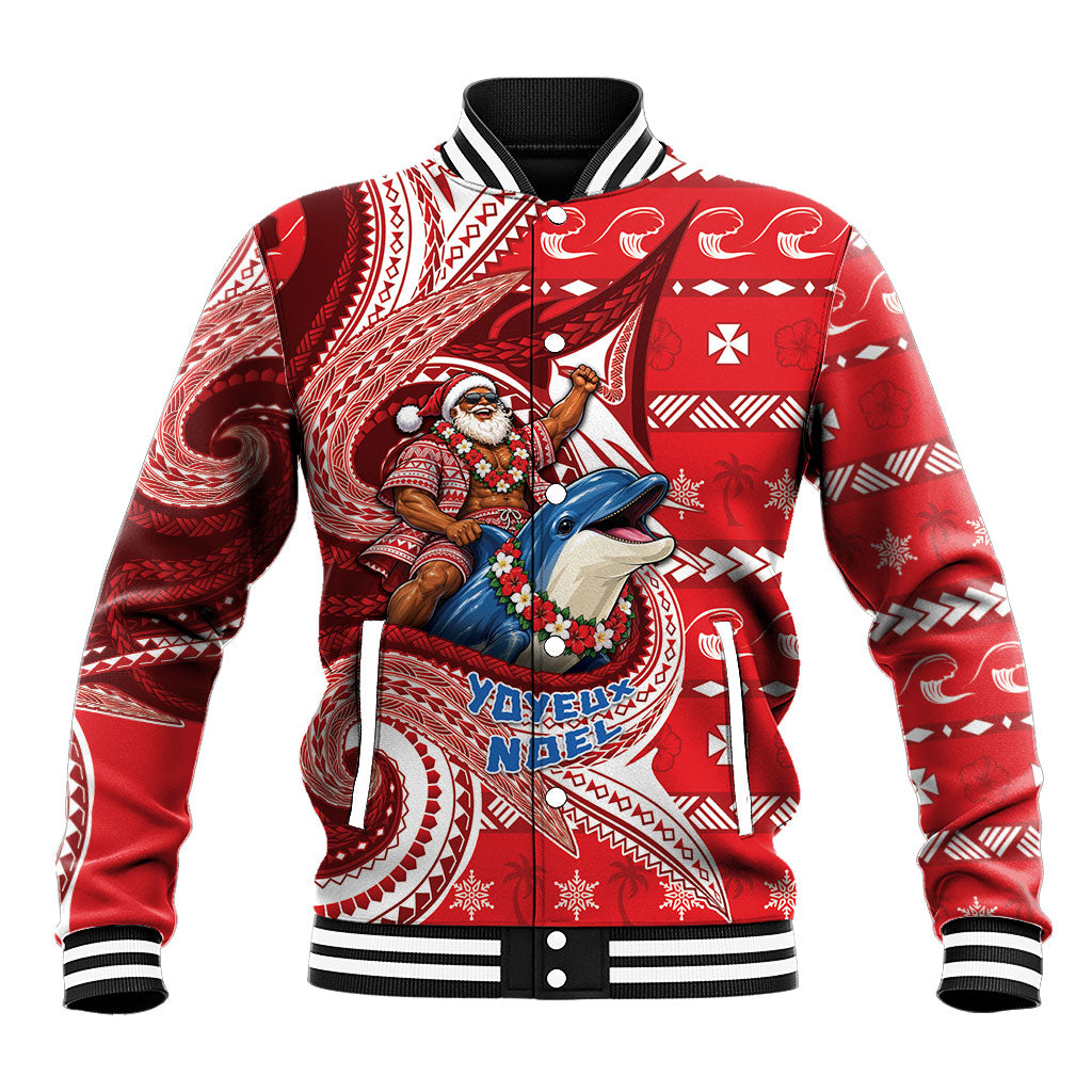 Wallis And Futuna Christmas Baseball Jacket Santa Riding Ocean Dolphin DT05 Unisex Red - Polynesian Pride