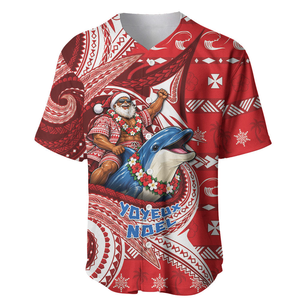 Wallis And Futuna Christmas Baseball Jersey Santa Riding Ocean Dolphin DT05 Red - Polynesian Pride