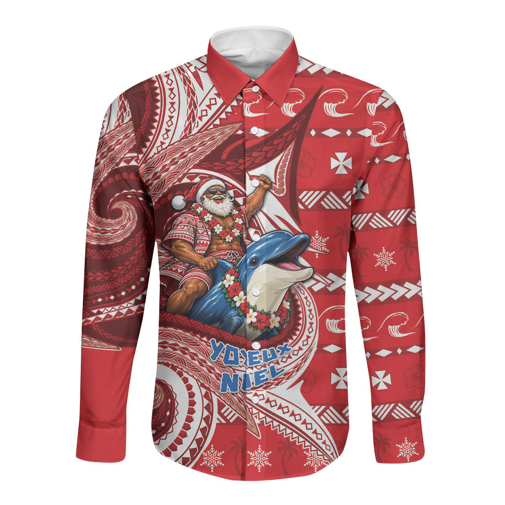 Wallis And Futuna Christmas Long Sleeve Button Shirt Santa Riding Ocean Dolphin