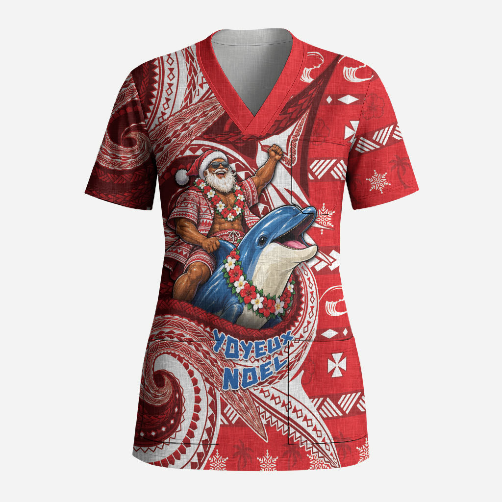 Wallis And Futuna Christmas Scrub Top Santa Riding Ocean Dolphin