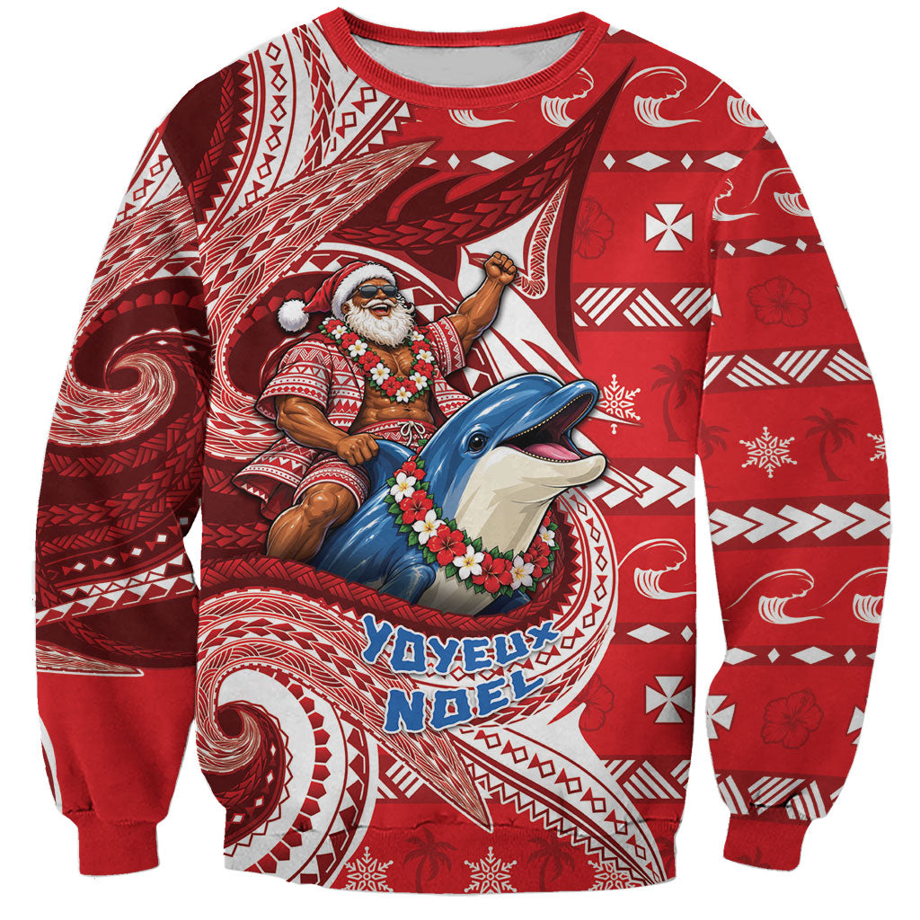 Wallis And Futuna Christmas Sweatshirt Santa Riding Ocean Dolphin DT05 Unisex Red - Polynesian Pride