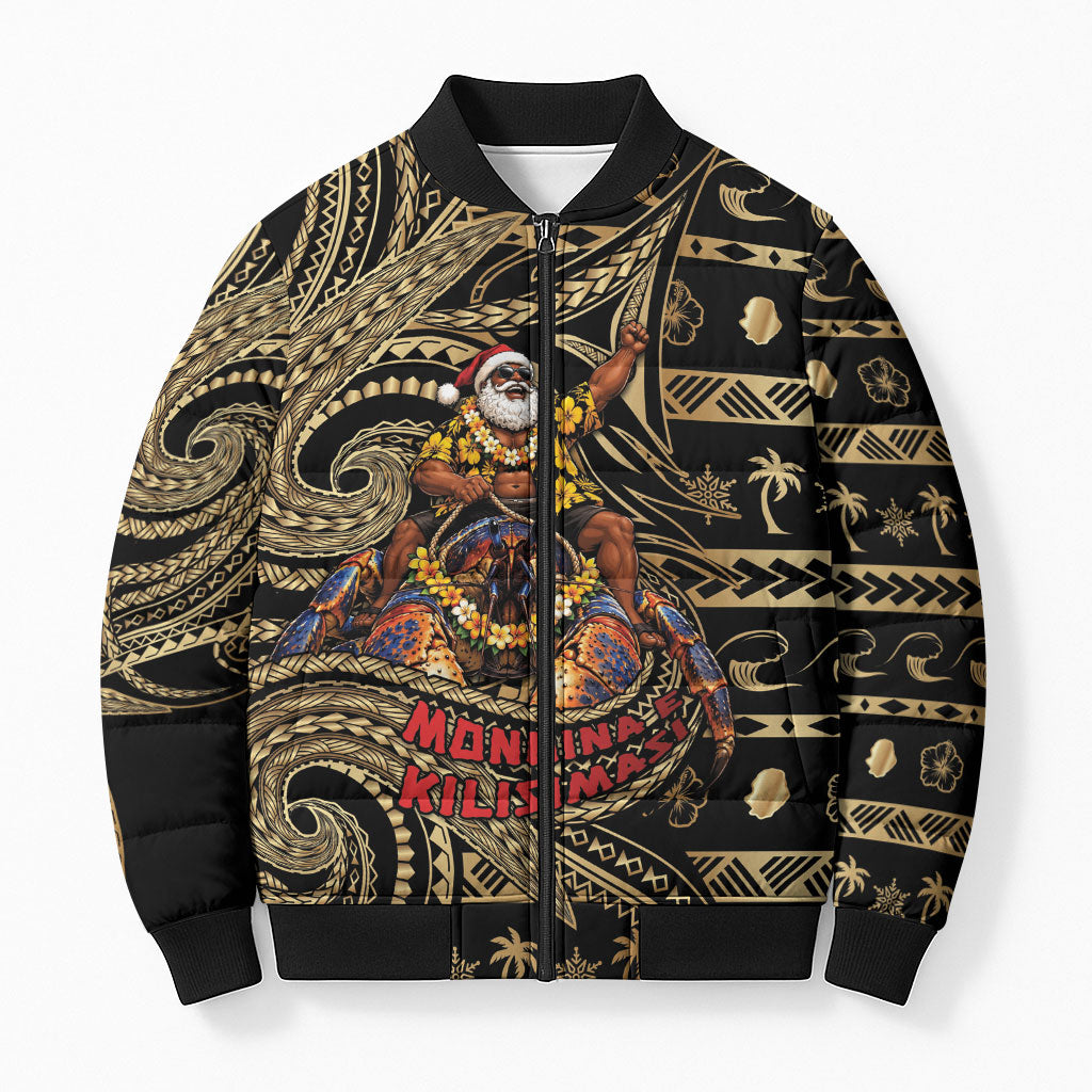 Niue Christmas Bomber Puffer Jacket Santa Riding Coconut Crab DT05 Unisex Gold - Polynesian Pride