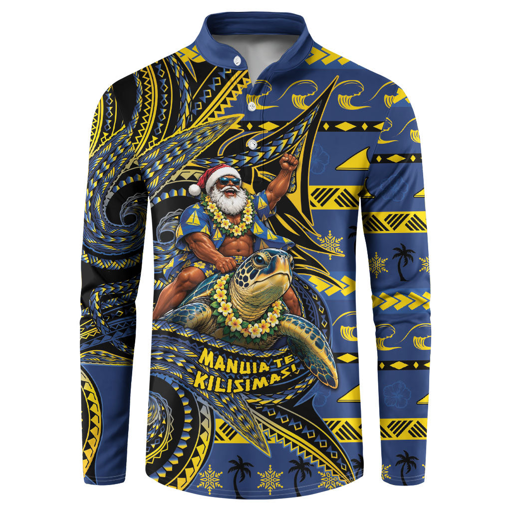 Tokelau Christmas Button Sweatshirt Santa Riding Sea Turtle DT05 Navy - Polynesian Pride