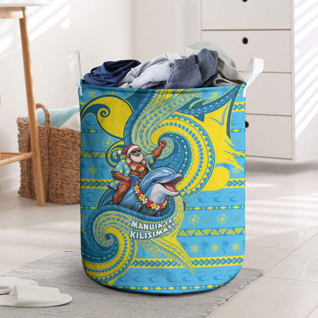 Tuvalu Christmas Laundry Basket Santa Riding Ocean Dolphin DT05 Blue - Polynesian Pride