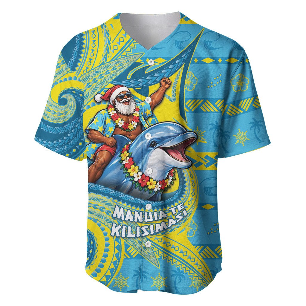 Tuvalu Christmas Baseball Jersey Santa Riding Ocean Dolphin DT05 Blue - Polynesian Pride