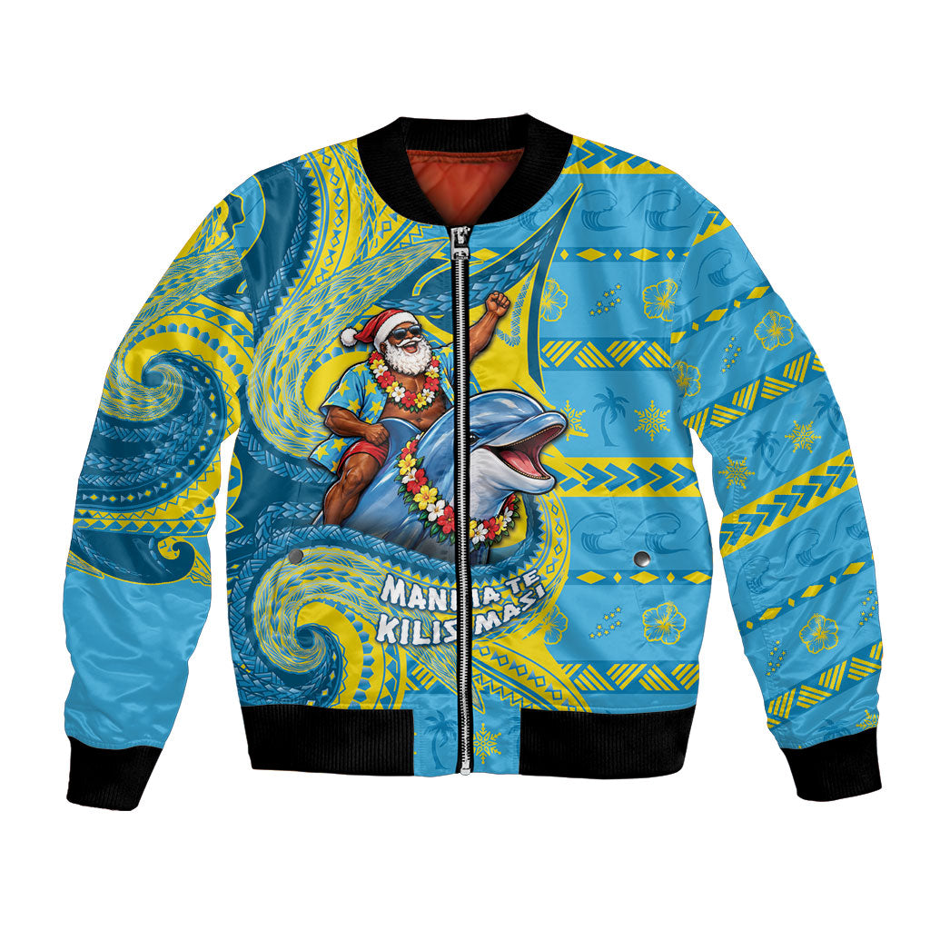 Tuvalu Christmas Bomber Jacket Santa Riding Ocean Dolphin DT05 Unisex Blue - Polynesian Pride