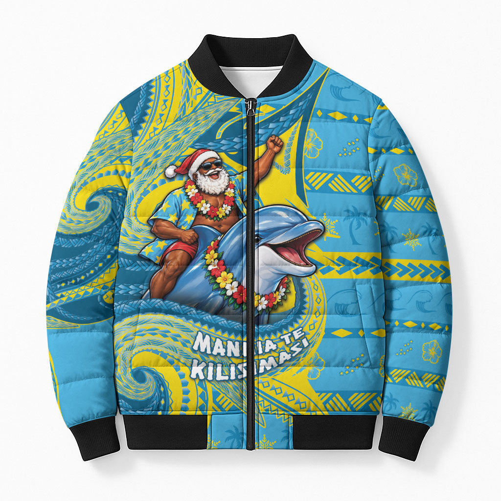Tuvalu Christmas Bomber Puffer Jacket Santa Riding Ocean Dolphin DT05 Unisex Blue - Polynesian Pride