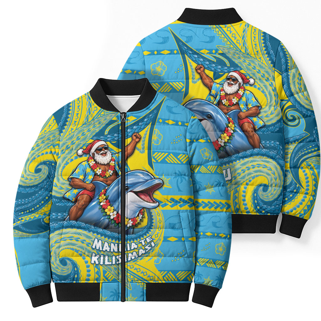 Tuvalu Christmas Bomber Puffer Jacket Santa Riding Ocean Dolphin DT05 - Polynesian Pride