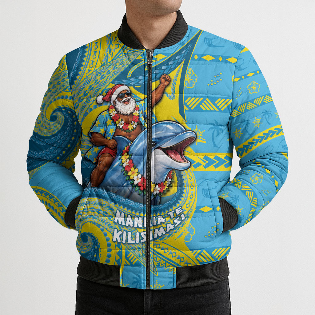 Tuvalu Christmas Bomber Puffer Jacket Santa Riding Ocean Dolphin DT05 - Polynesian Pride