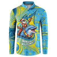 Tuvalu Christmas Button Sweatshirt Santa Riding Ocean Dolphin DT05 Blue - Polynesian Pride