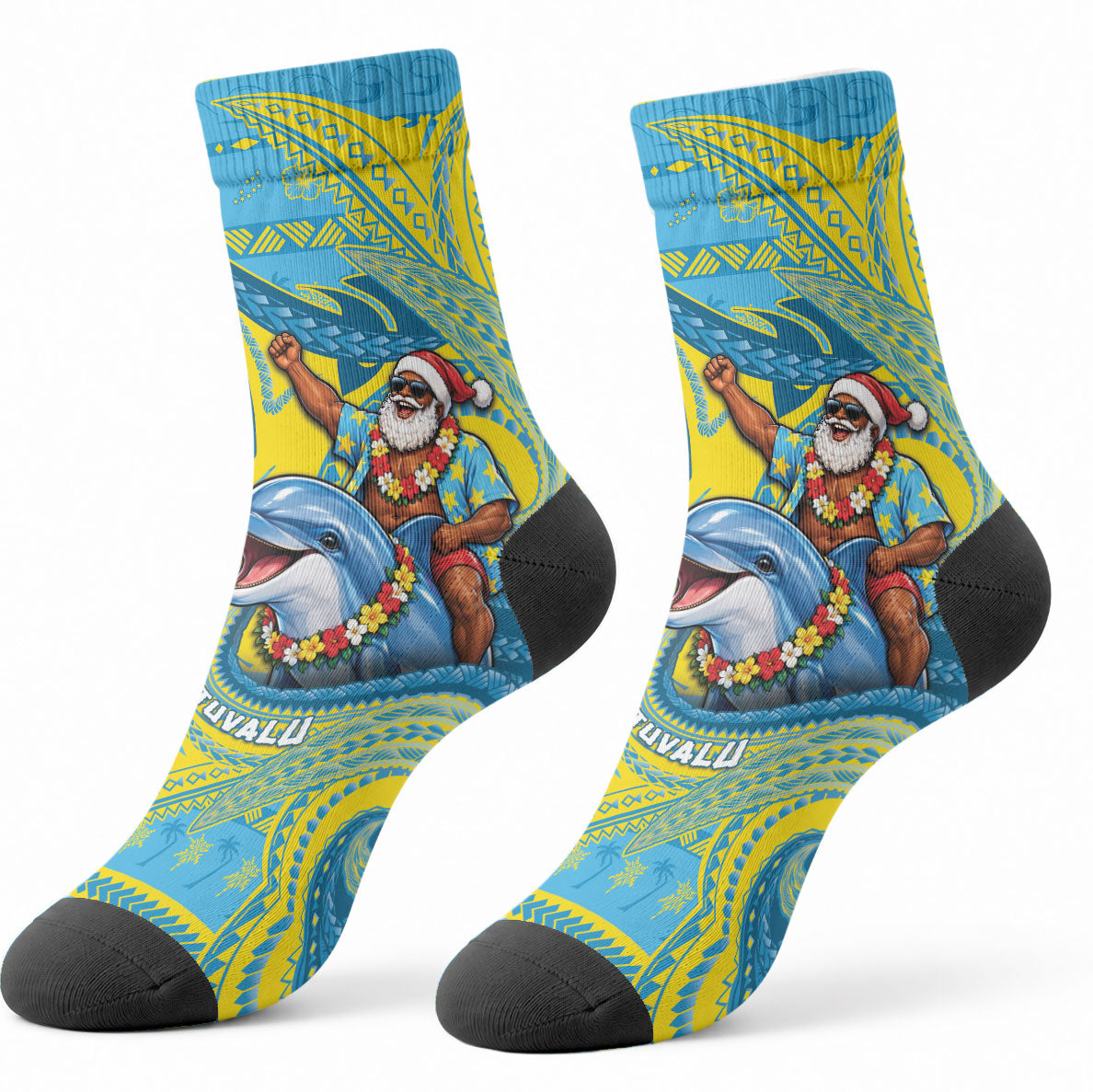 Tuvalu Christmas Crew Socks Santa Riding Ocean Dolphin