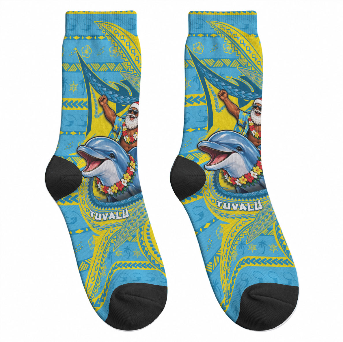 Tuvalu Christmas Crew Socks Santa Riding Ocean Dolphin