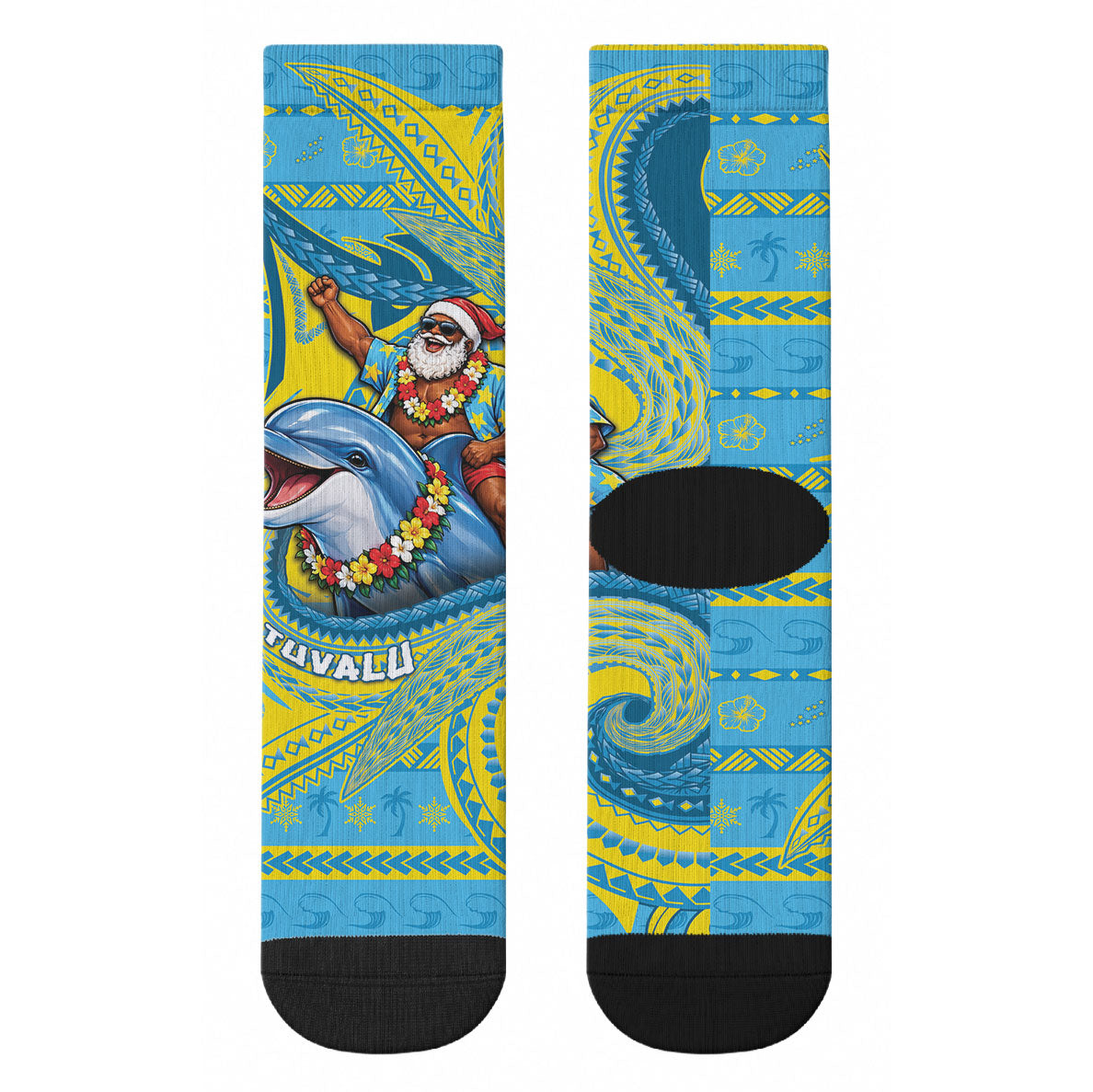 Tuvalu Christmas Crew Socks Santa Riding Ocean Dolphin
