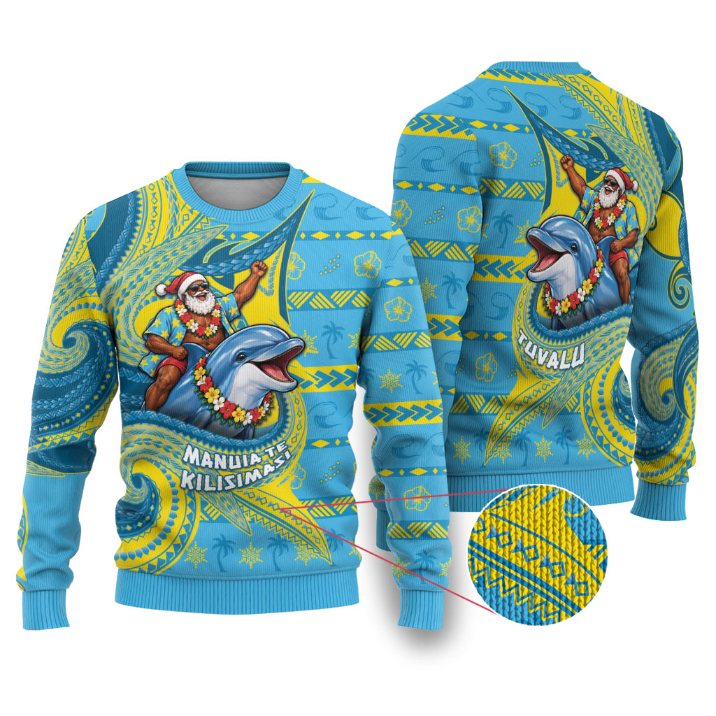 Tuvalu Christmas Ugly Christmas Sweater Santa Riding Ocean Dolphin DT05 Blue - Polynesian Pride