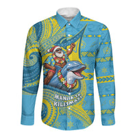 Tuvalu Christmas Long Sleeve Button Shirt Santa Riding Ocean Dolphin DT05 Unisex Blue - Polynesian Pride