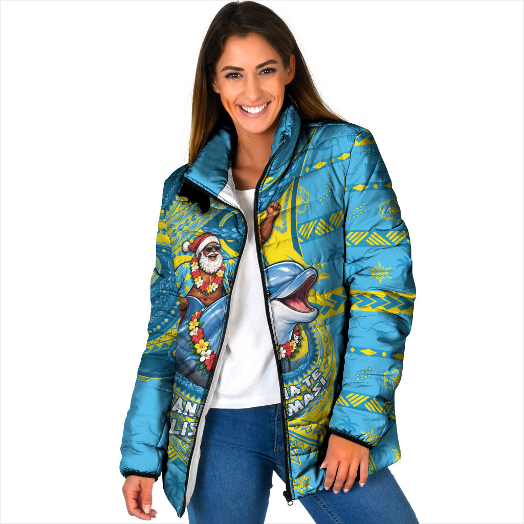 Tuvalu Christmas Padded Jacket Santa Riding Ocean Dolphin