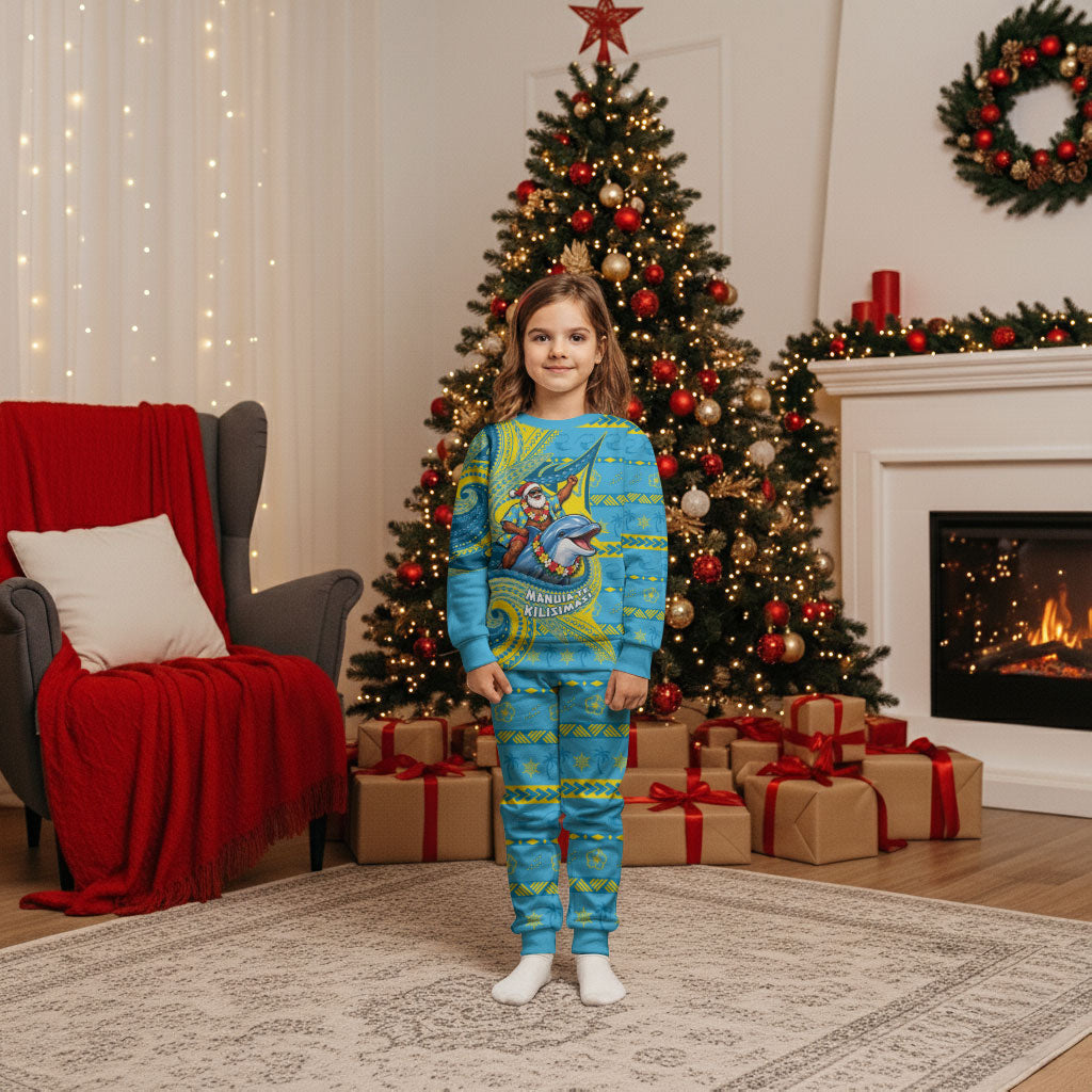 Tuvalu Christmas Pajama Set Santa Riding Ocean Dolphin DT05 Kid Blue - Polynesian Pride