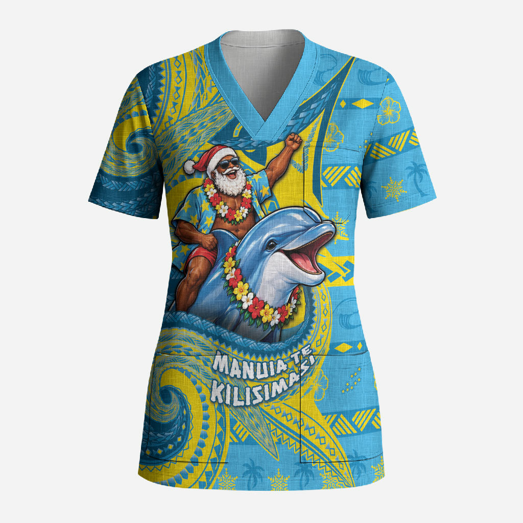 Tuvalu Christmas Scrub Top Santa Riding Ocean Dolphin