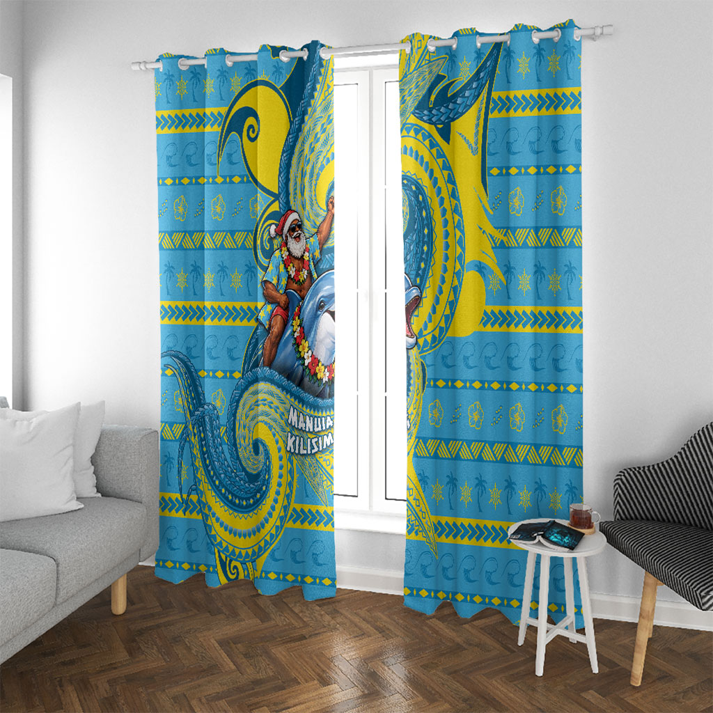 Tuvalu Christmas Window Curtain Santa Riding Ocean Dolphin DT05 With Grommets Blue - Polynesian Pride