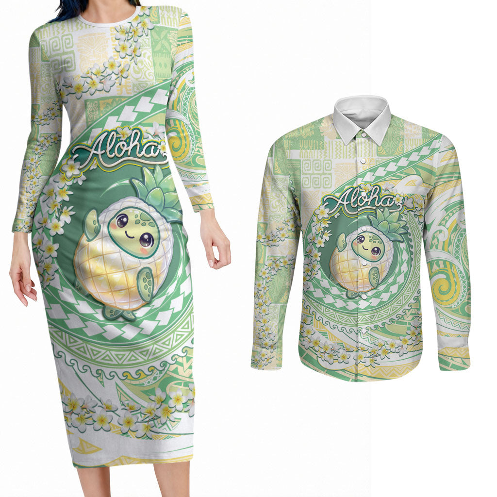 Hawaii Pineapple Couples Matching Long Sleeve Bodycon Dress and Long Sleeve Button Shirt Cute Cosplay Turtle Plumeria Spiral DT05 Mint - Polynesian Pride