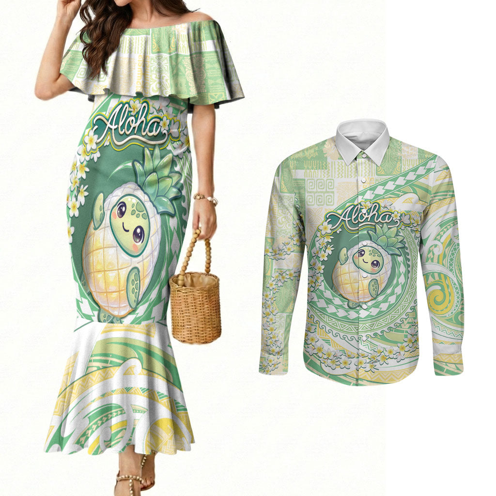 Hawaii Pineapple Couples Matching Mermaid Dress and Long Sleeve Button Shirt Cute Cosplay Turtle Plumeria Spiral