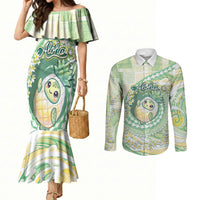 Hawaii Pineapple Couples Matching Mermaid Dress and Long Sleeve Button Shirt Cute Cosplay Turtle Plumeria Spiral DT05 Mint - Polynesian Pride
