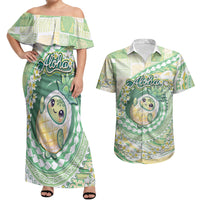 Hawaii Pineapple Couples Matching Off Shoulder Maxi Dress and Hawaiian Shirt Cute Cosplay Turtle Plumeria Spiral DT05 Mint - Polynesian Pride