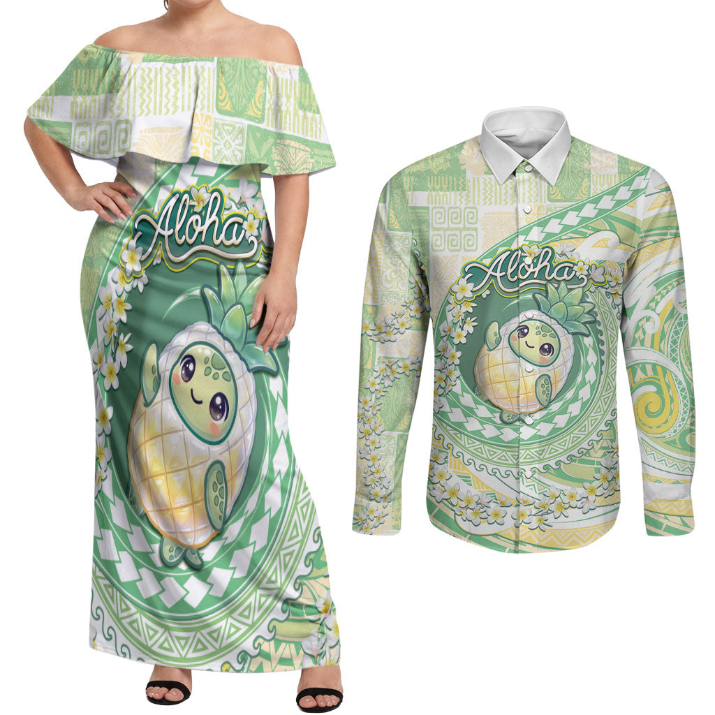 Hawaii Pineapple Couples Matching Off Shoulder Maxi Dress and Long Sleeve Button Shirt Cute Cosplay Turtle Plumeria Spiral DT05 Mint - Polynesian Pride