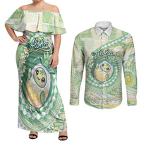 Hawaii Pineapple Couples Matching Off Shoulder Maxi Dress and Long Sleeve Button Shirt Cute Cosplay Turtle Plumeria Spiral DT05 Mint - Polynesian Pride