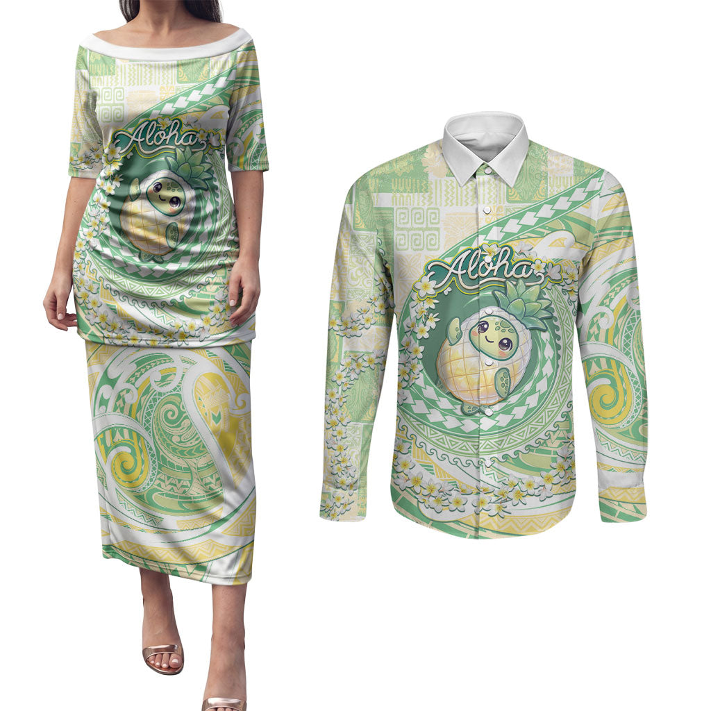 Hawaii Pineapple Couples Matching Puletasi and Long Sleeve Button Shirt Cute Cosplay Turtle Plumeria Spiral