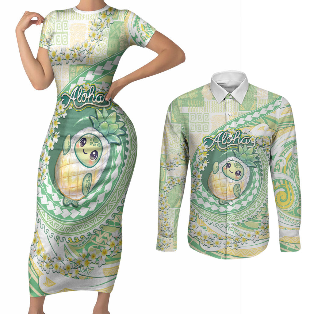 Hawaii Pineapple Couples Matching Short Sleeve Bodycon Dress and Long Sleeve Button Shirt Cute Cosplay Turtle Plumeria Spiral