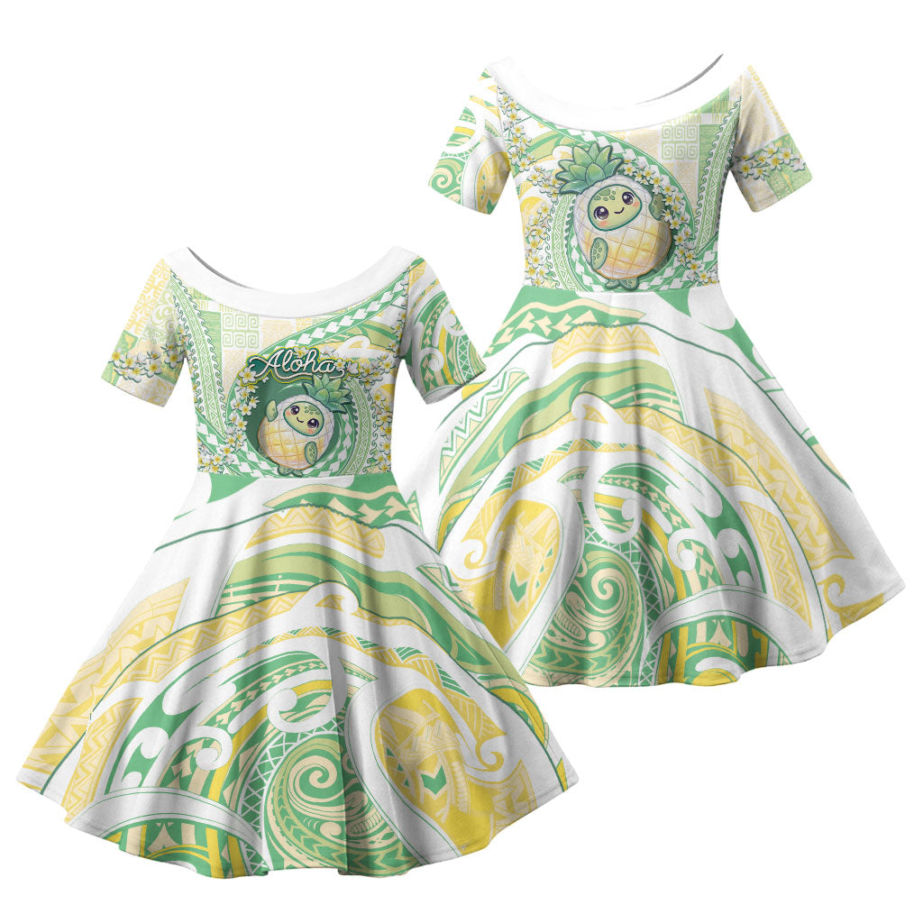 Hawaii Pineapple Family Matching Off Shoulder Short Dress and Hawaiian Shirt Cute Cosplay Turtle Plumeria Spiral DT05 Daughter's Dress Mint - Polynesian Pride