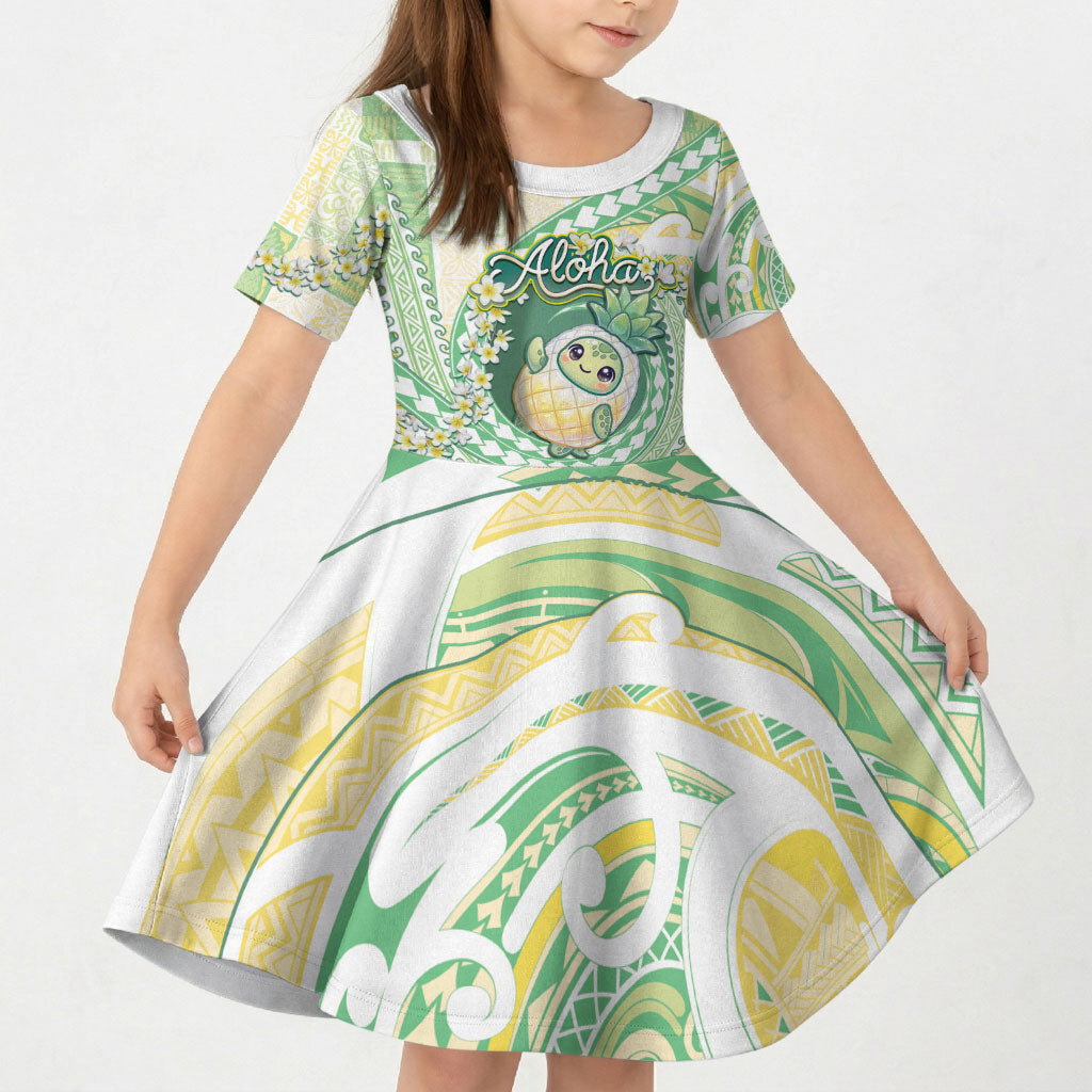 Hawaii Pineapple Kid Short Sleeve Dress Cute Cosplay Turtle Plumeria Spiral DT05 KID Mint - Polynesian Pride