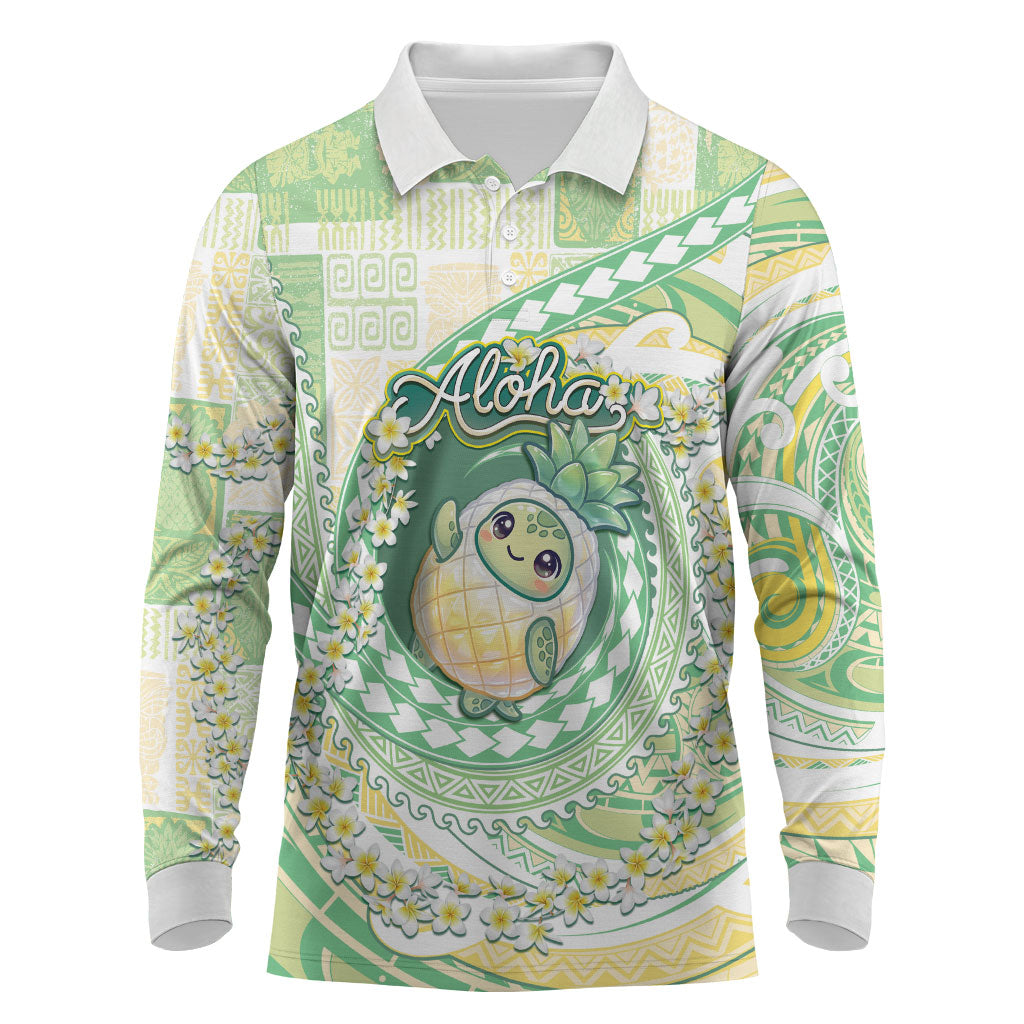 Hawaii Pineapple Long Sleeve Polo Shirt Cute Cosplay Turtle Plumeria Spiral DT05 Mint - Polynesian Pride