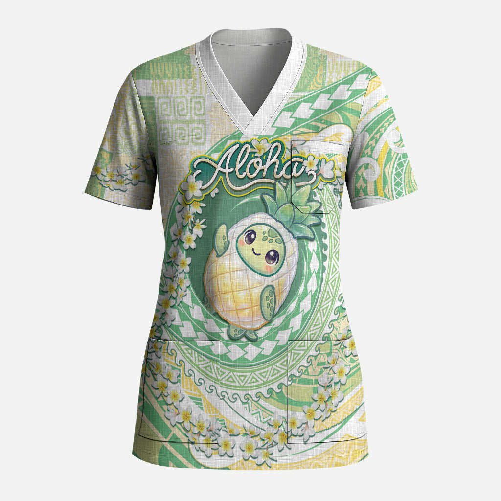 Hawaii Pineapple Scrub Top Cute Cosplay Turtle Plumeria Spiral DT05 Adult Mint - Polynesian Pride