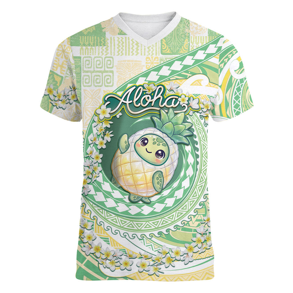 Hawaii Pineapple Women V-Neck T-Shirt Cute Cosplay Turtle Plumeria Spiral DT05 Female Mint - Polynesian Pride