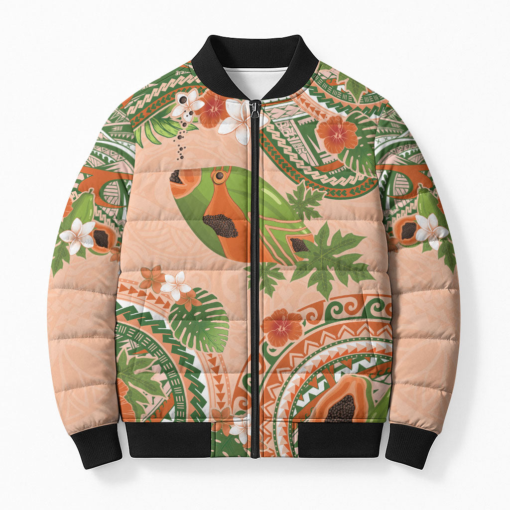 Hawaii Papaya Bomber Puffer Jacket Cute Cosplay Humuhumu Fish Plumeria Waves DT05 Unisex Orange - Polynesian Pride