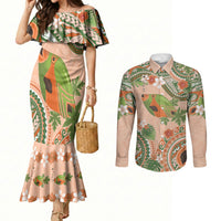 Hawaii Papaya Couples Matching Mermaid Dress and Long Sleeve Button Shirt Cute Cosplay Humuhumu Fish Plumeria Waves DT05 Orange - Polynesian Pride